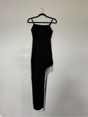 Forever 21 Black Maxi Dress Rhinestone Fringe Asymmetrical Spaghetti Strap